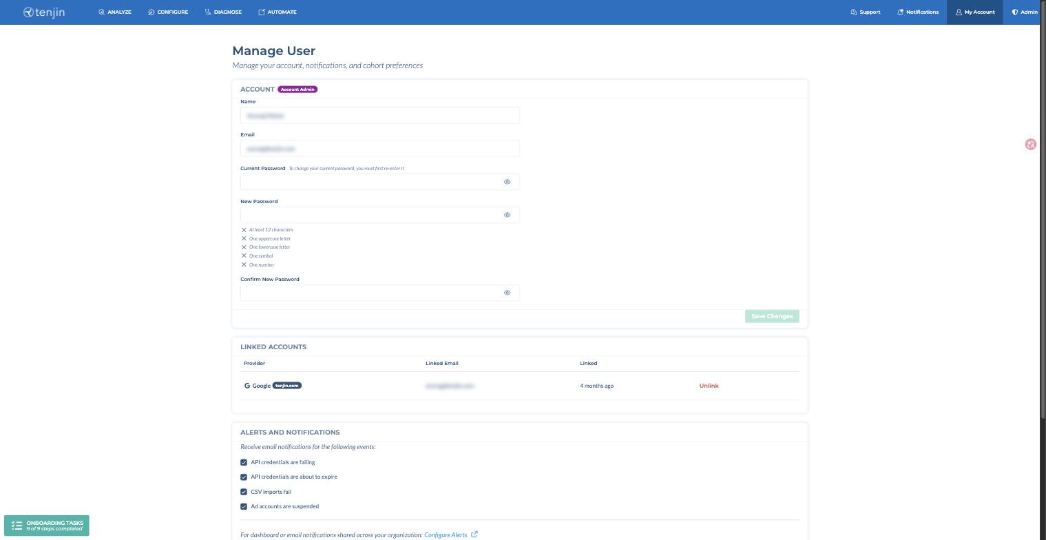 Manage User page showing the Account section