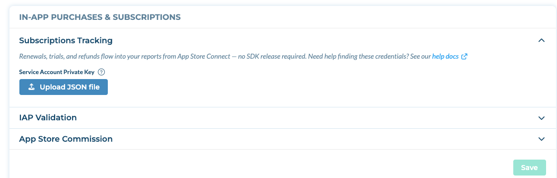 Subscriptions Tracking section for an Android app, with the Upload JSON file button
