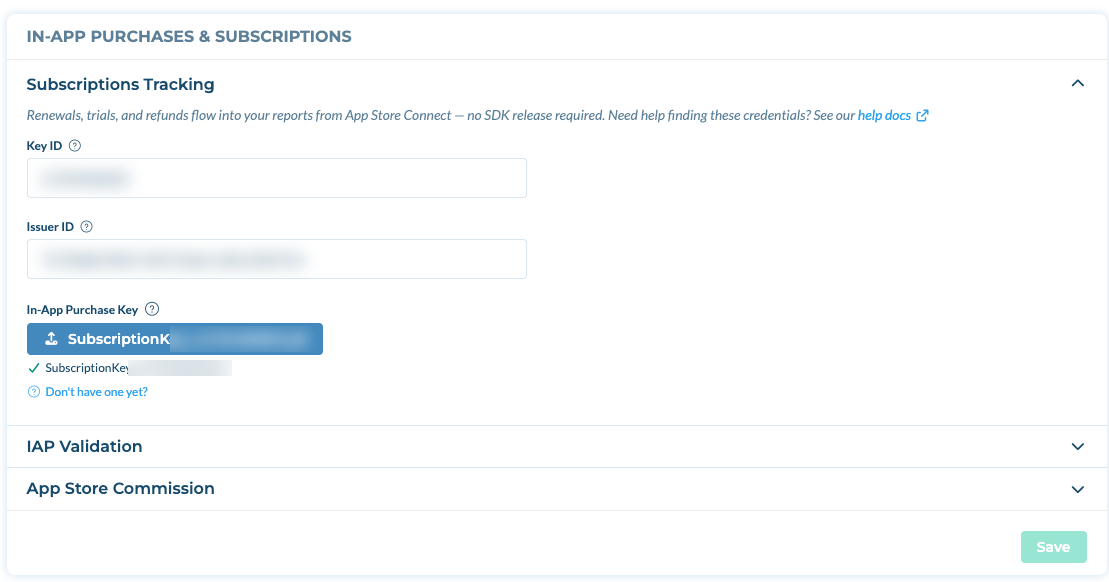 Subscriptions Tracking section for an iOS app, with Key ID, Issuer ID and In-App Purchase Key fields