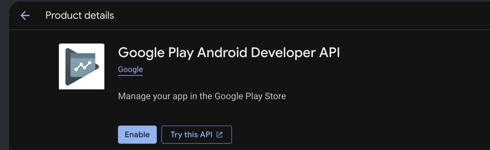 Google Play Android Developer API page with the Enable button