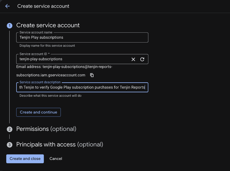 Create service account form in Google Cloud