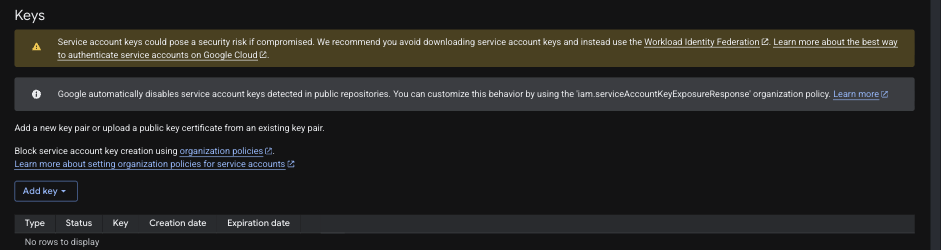 Service account Keys tab with the Add key menu