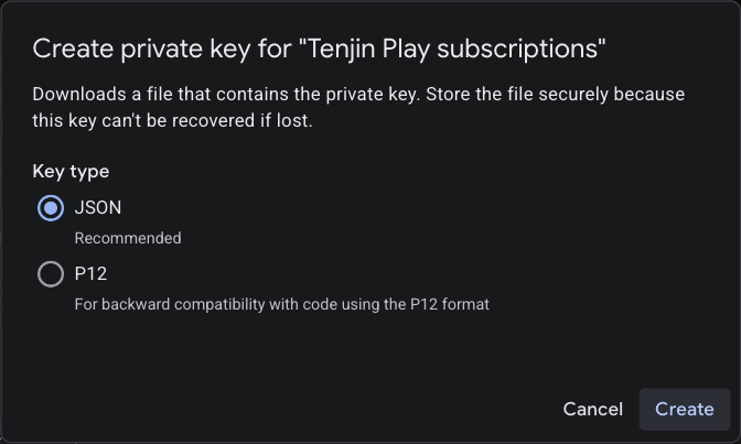 Create private key dialog with JSON selected