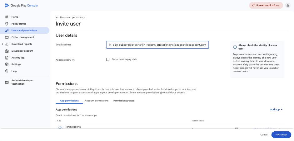 Invite user screen in Google Play Console