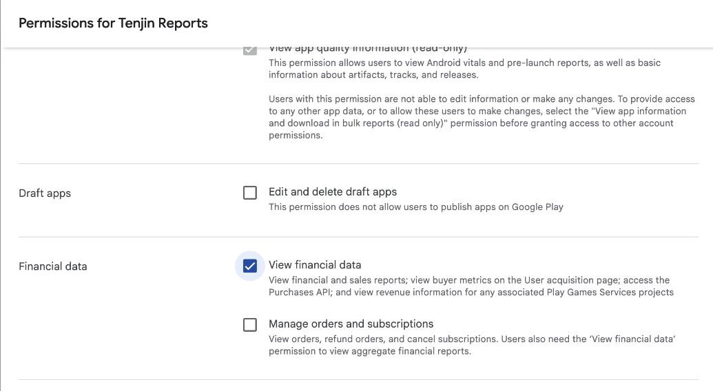 App permissions with View financial data turned on
