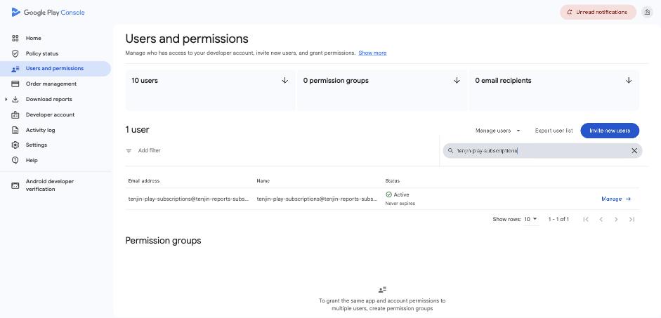 Users and permissions list showing the service account as Active