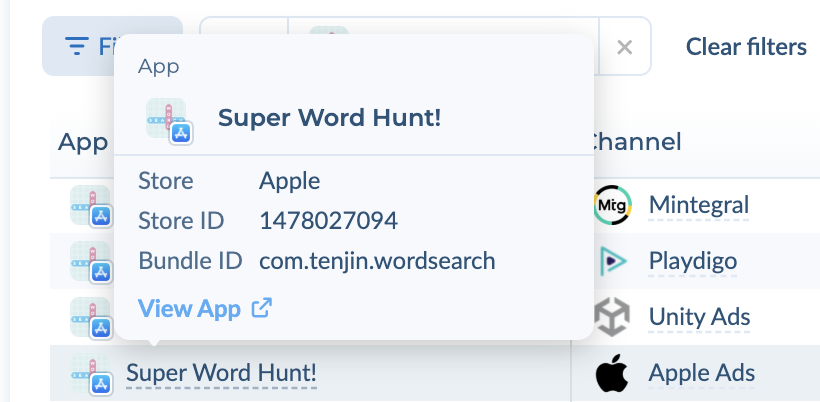 App detail card showing store, store ID and bundle ID
