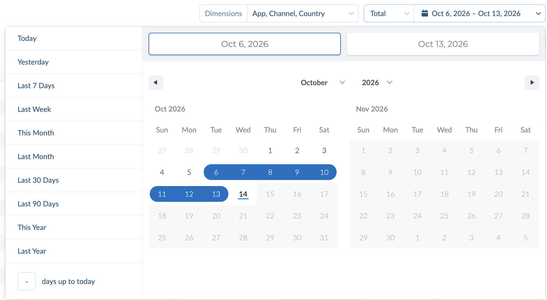 Date range picker with presets and a two-month calendar
