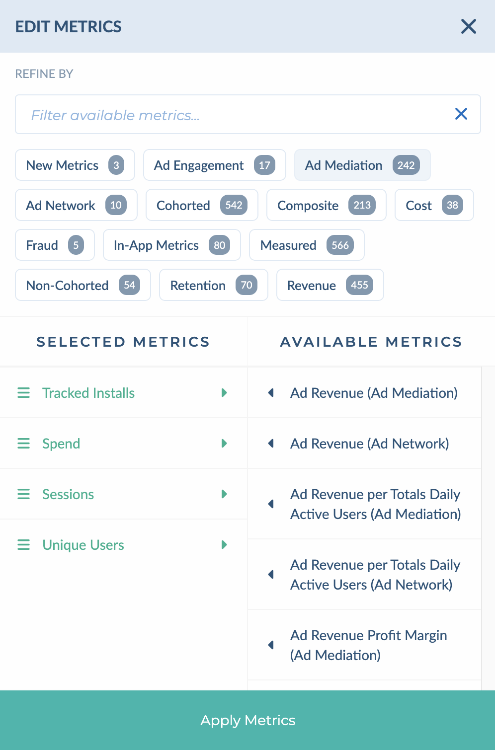 Edit Metrics panel with categories, Selected Metrics and Available Metrics
