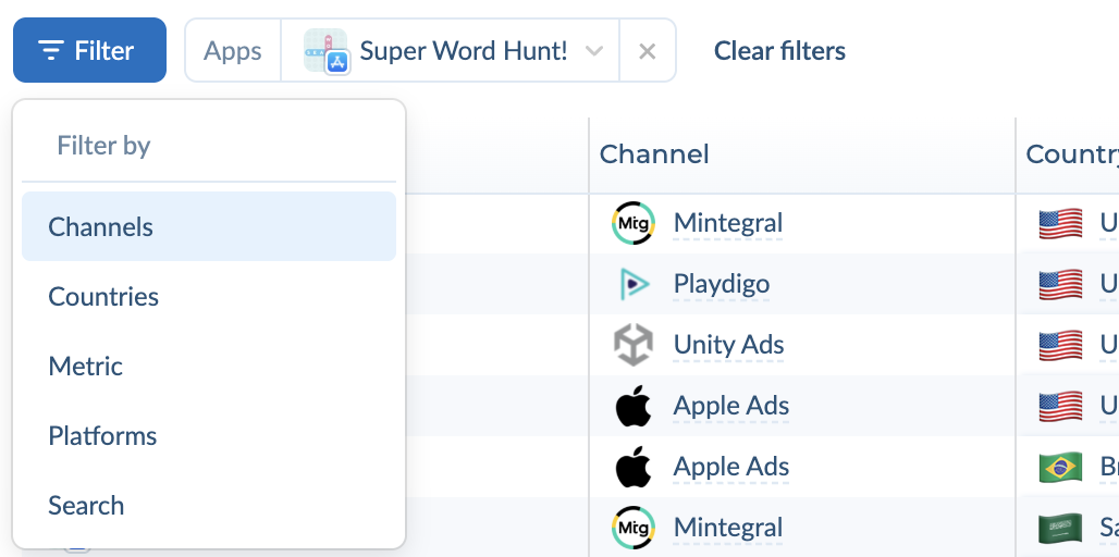 Filter menu open next to an active Apps filter