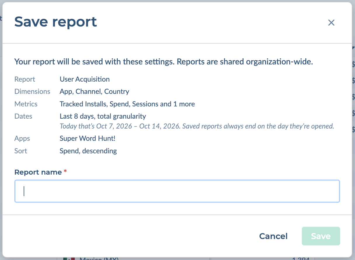 Save report dialog listing the settings that will be saved