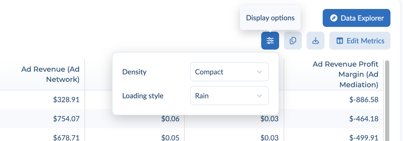 Display options with Density and Loading style settings