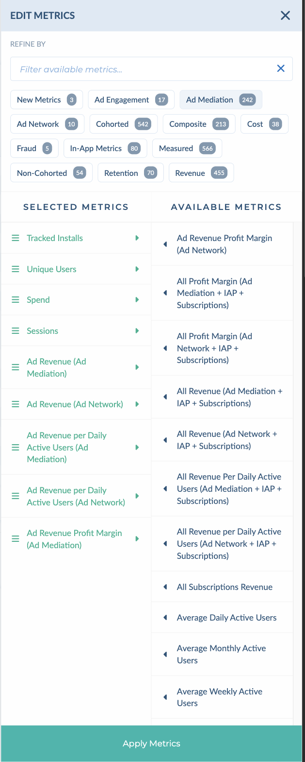 Edit Metrics panel with metric categories, Selected Metrics and Available Metrics