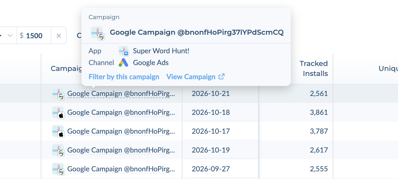 Hover card on a campaign with Filter by this campaign and View Campaign links