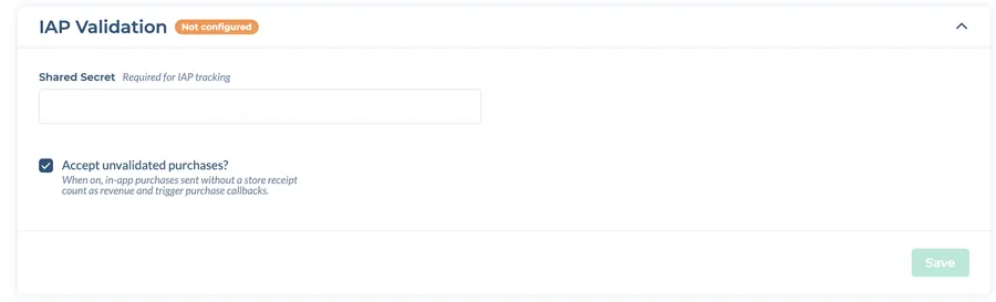 IAP Validation section with the Shared Secret field and the Accept unvalidated purchases checkbox