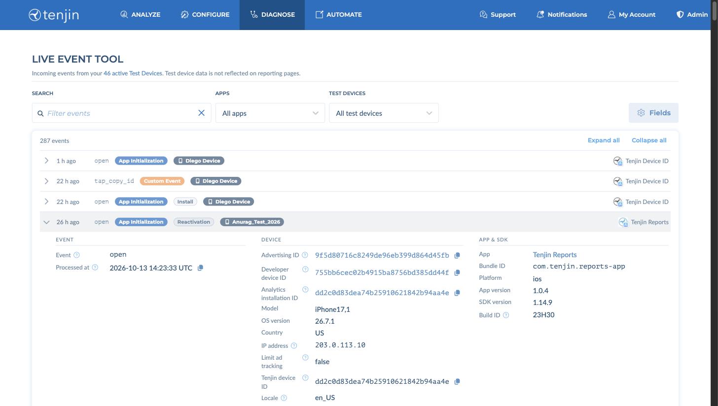 Live Event Tool with an app open event expanded to show Event, Device and App & SDK details