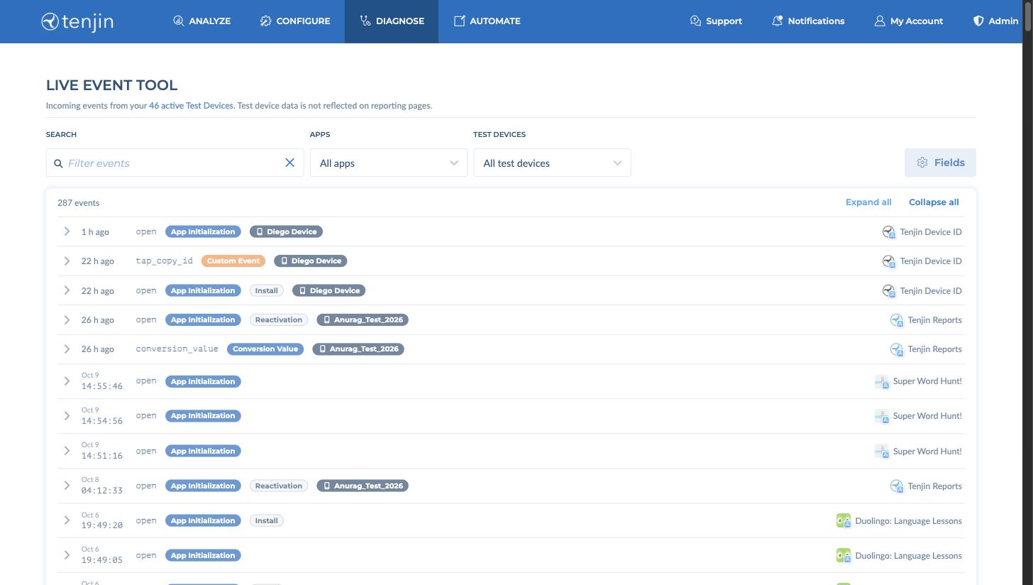 Live Event Tool listing incoming test device events with Search, Apps and Test Devices filters