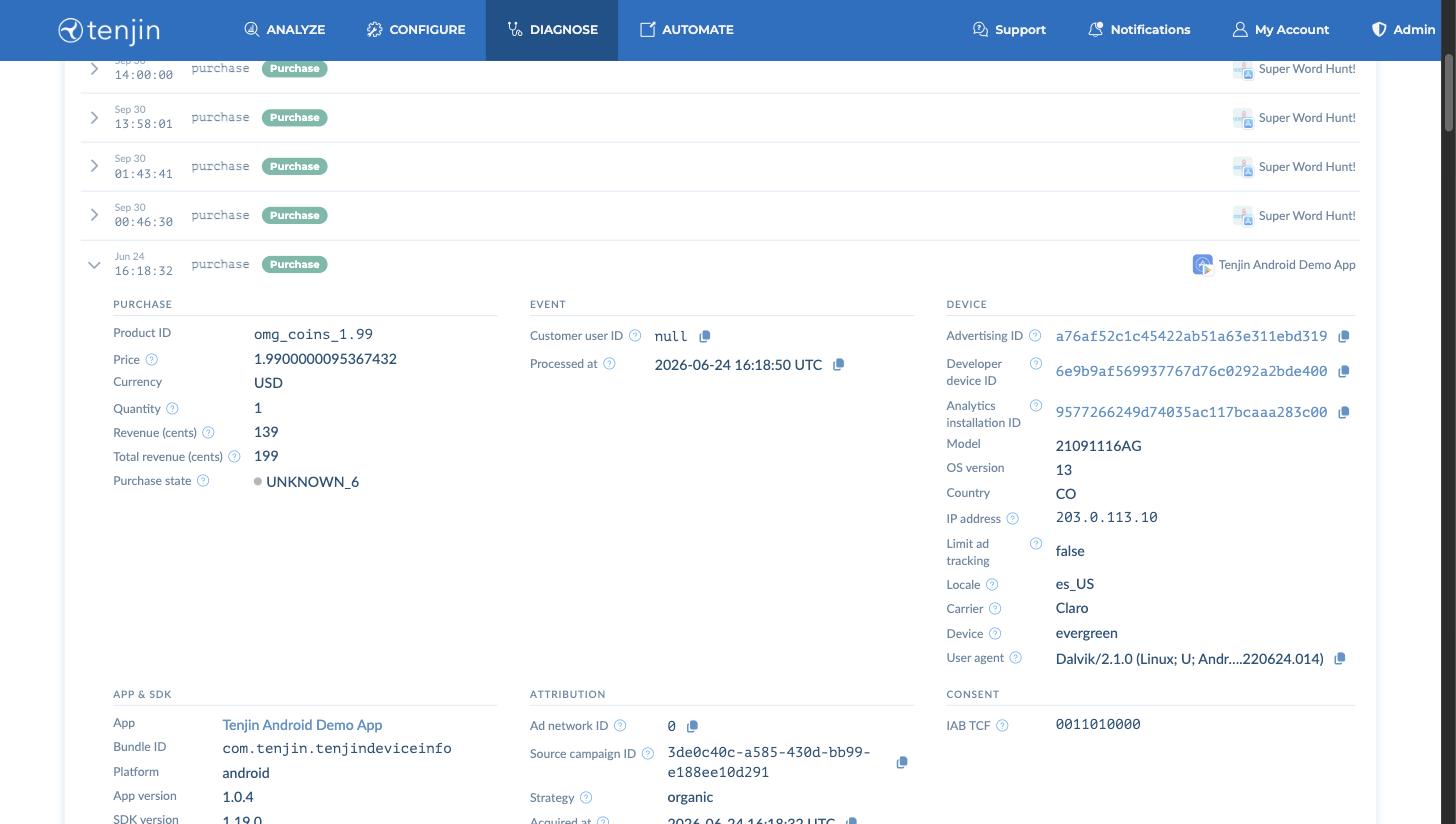 Live Event Tool showing an expanded Android purchase event with Purchase, Event, Device and App & SDK details