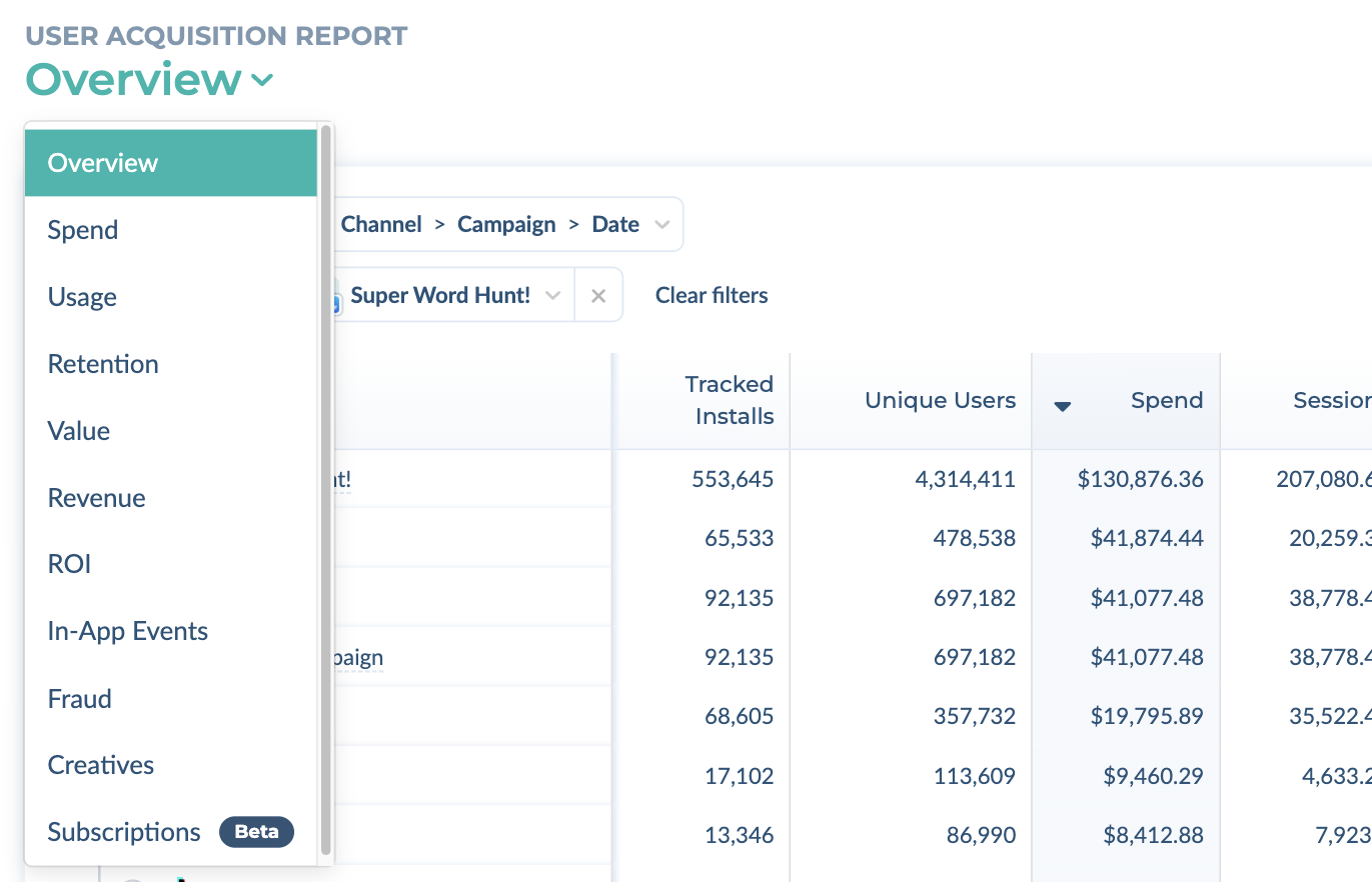 User Acquisition report drop-down menu with Value and the other views