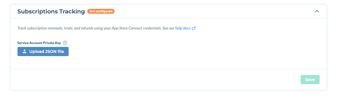 Subscriptions Tracking section for an Android app, with the Upload JSON file button