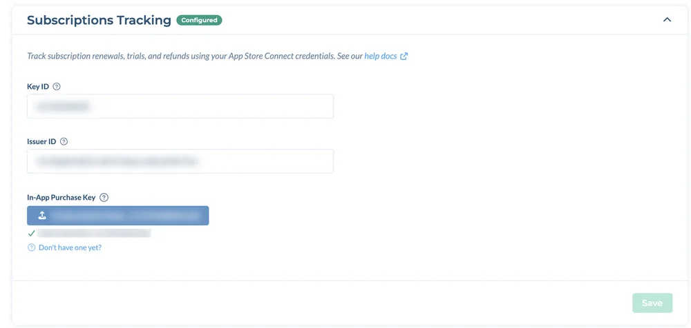 Subscriptions Tracking section for an iOS app, with Key ID, Issuer ID and In-App Purchase Key fields